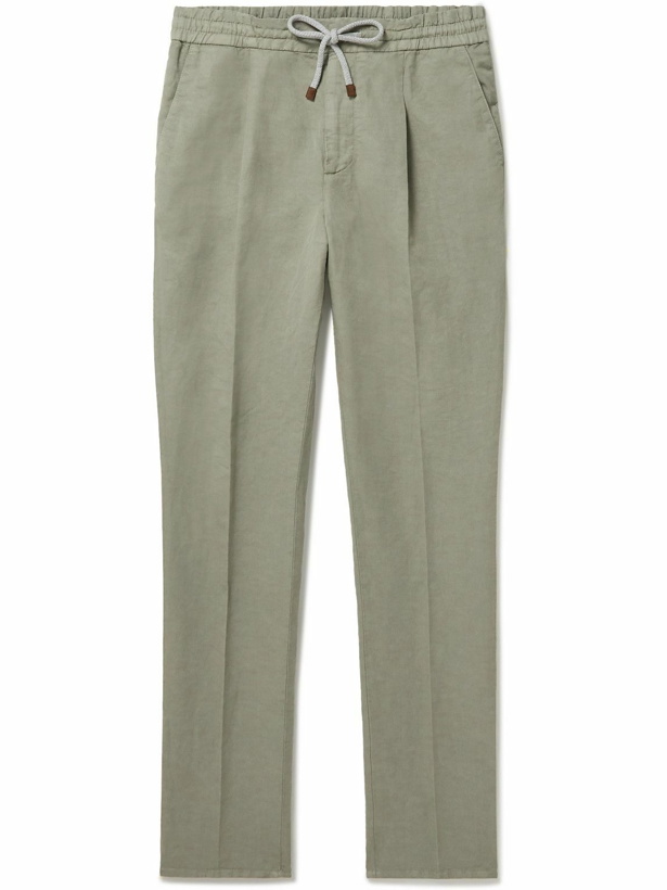 Photo: Brunello Cucinelli - Slim-Fit Tapered Linen and Cotton-Blend Drawstring Trousers - Green