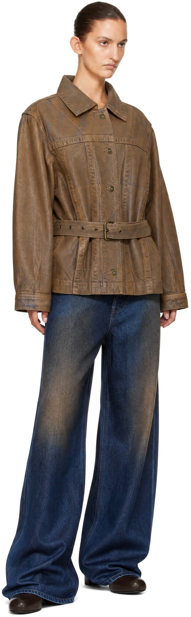 KNWLS Brown Oversized Gloss Coated Denim Jacket