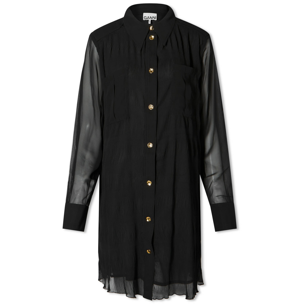GANNI Women's Pleated Georgette Shirt Dress in Black GANNI GANNI Women's Pleated Georgette Shirt Dress in Black GANNI