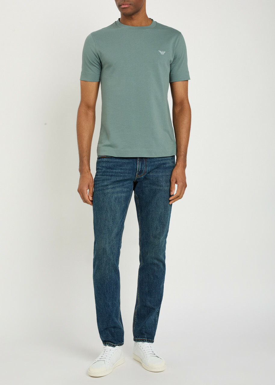 Emporio Armani Logo-embroidered Cotton T-shirt Blue