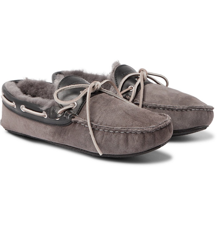 Photo: Quoddy - Fireside Leather-Trimmed Shearling-Lined Suede Slippers - Gray