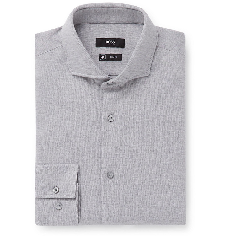 Photo: Hugo Boss - Jason Slim-Fit Cutaway-Collar Mélange Cotton-Jersey Shirt - Gray
