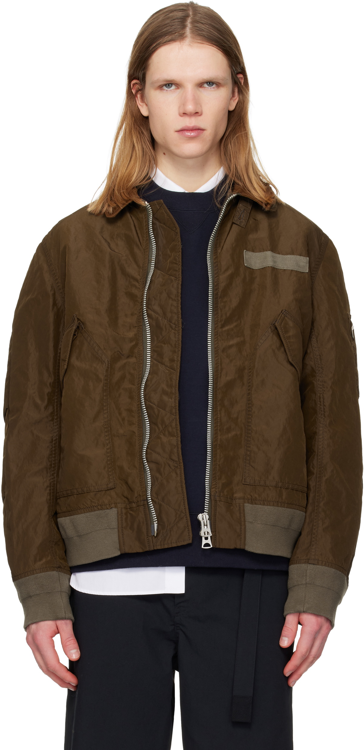sacai Brown Treated Nylon Twill Bomber Jacket