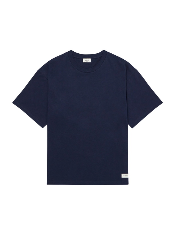 Photo: SAINT LAURENT - Logo-Appliquéd Cotton and Modal-Blend Jersey T-Shirt - Blue