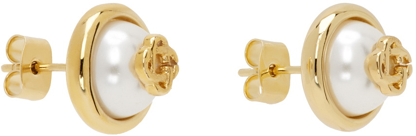 Casablanca Gold Pearl Logo Stud Earrings