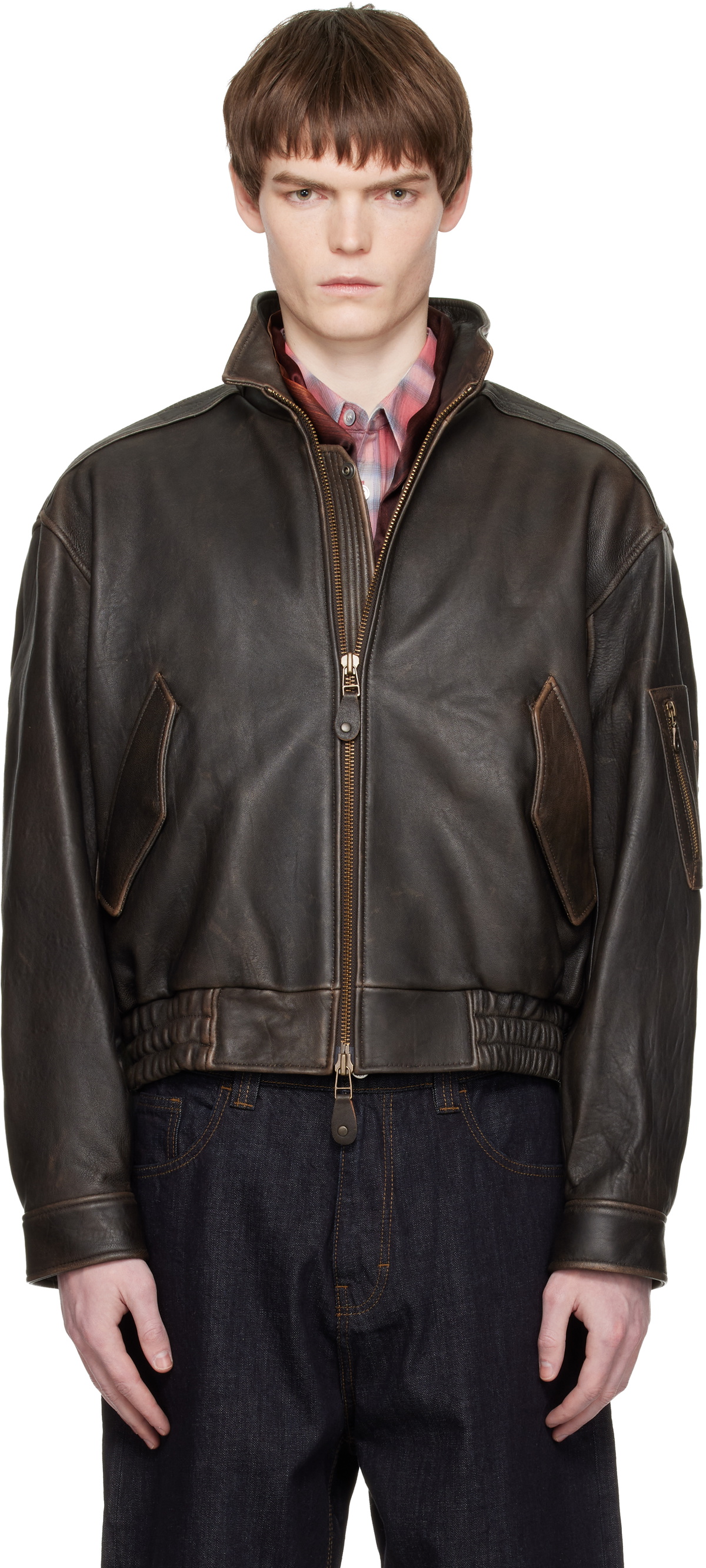 COOR Brown Pocket Trucker Leather Jacket COOR