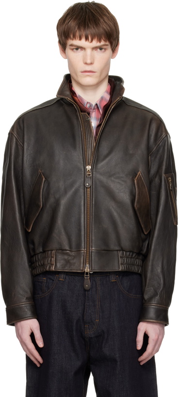 Photo: COOR Brown Vintage Shelter Neck Collar Leather Jacket