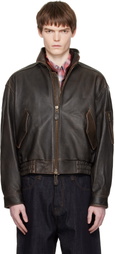 COOR Brown Vintage Shelter Neck Collar Leather Jacket