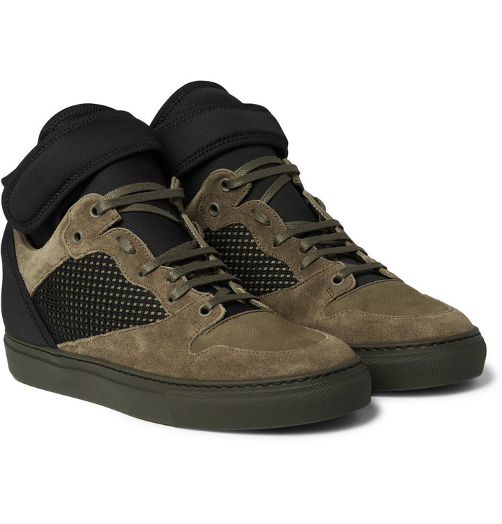 Photo: Balenciaga - Suede, Neoprene and Mesh High-Top Sneakers - Men - Army green