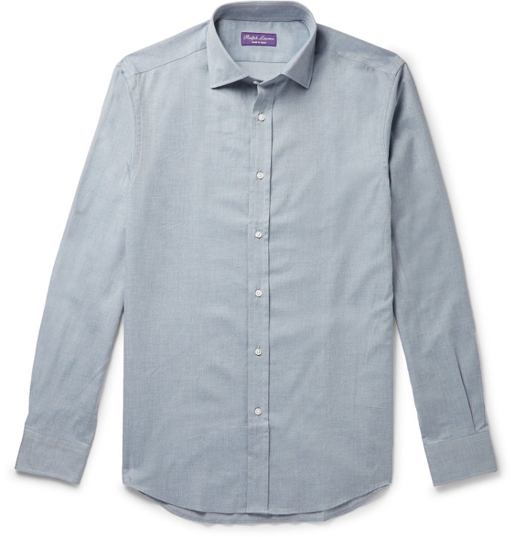 Photo: Ralph Lauren Purple Label - Cutaway-Collar Brushed Herringbone Cotton Shirt - Blue