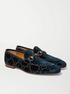 GUCCI - Jordaan Horsebit Leather-Trimmed Logo-Embroidered Velvet Loafers - Blue