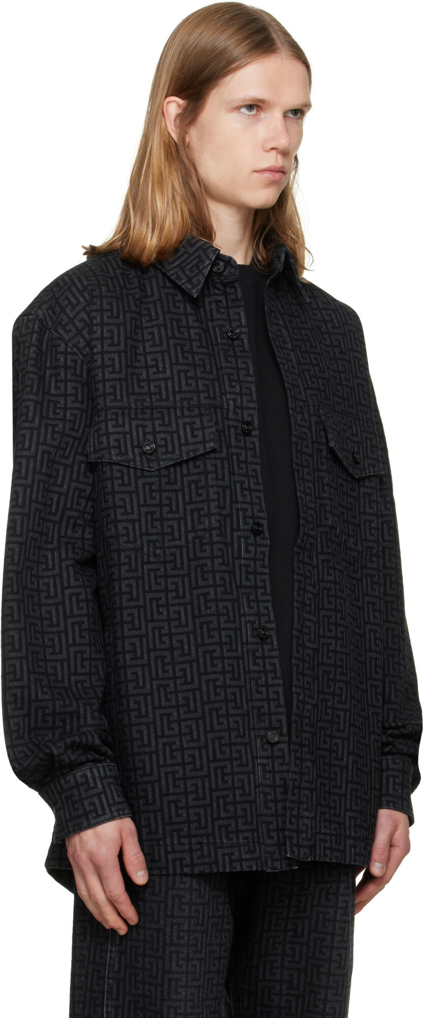 BALMAIN Black Monogram Denim Overshirt