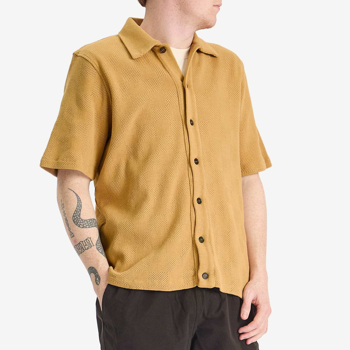 Universal Works Men's Checkerboard Button Through Polo in Sand