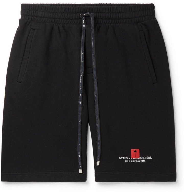 Photo: Palm Angels - Wide-Leg Logo-Embroidered Fleece-Back Cotton-Jersey Drawstring Shorts - Black