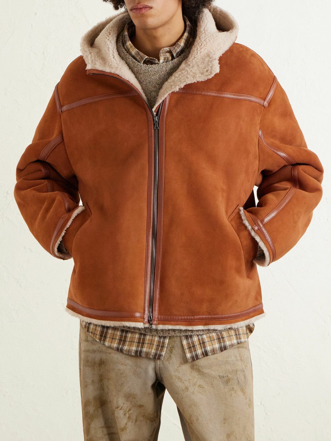 The Elder Statesman - Leather-Trimmed Shearling Hooded Jacket - Brown