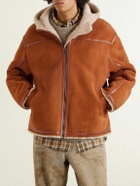 The Elder Statesman - Leather-Trimmed Shearling Hooded Jacket - Brown