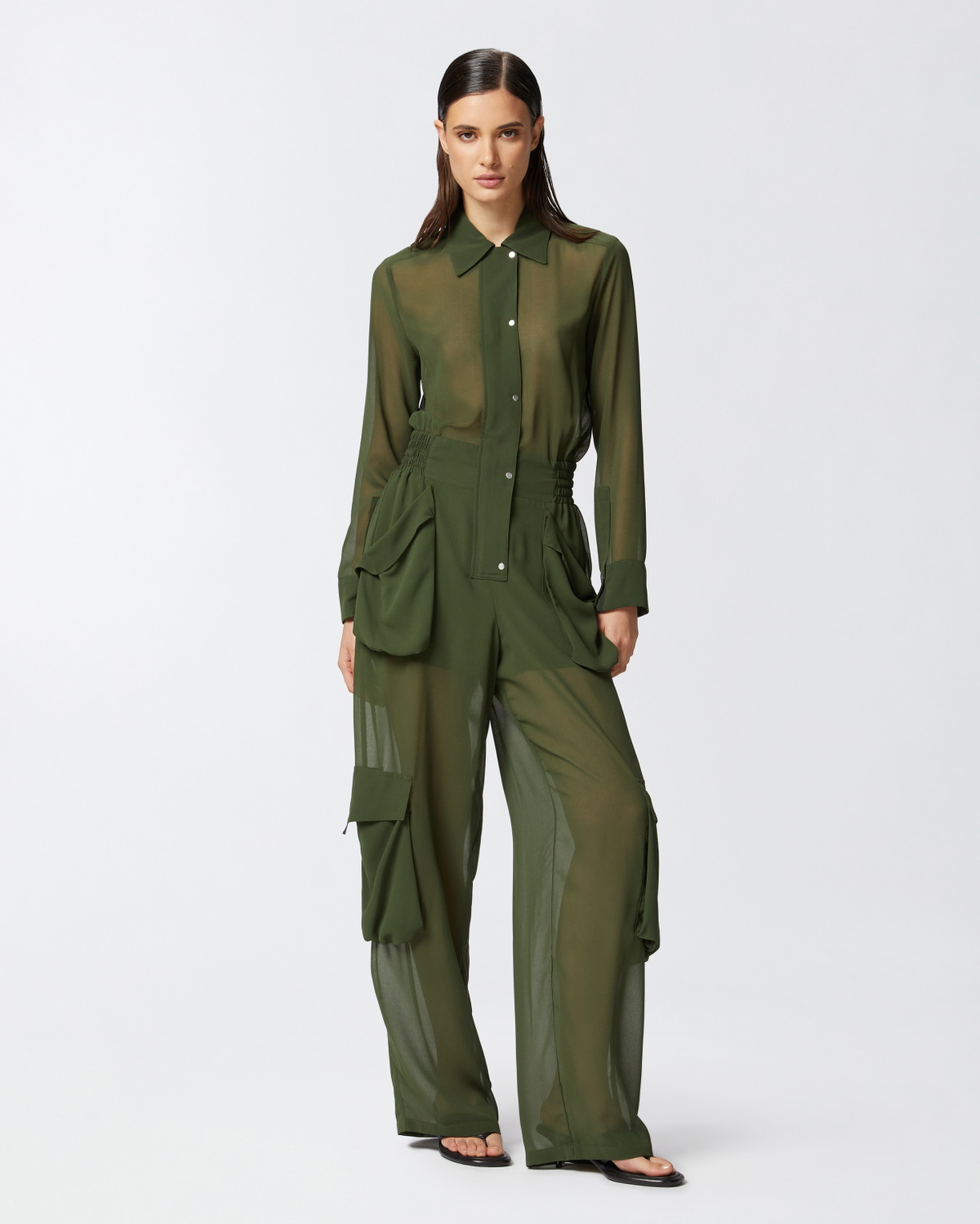 Pinko Georgette Jumpsuit With Cargo Pockets Green Rainforest