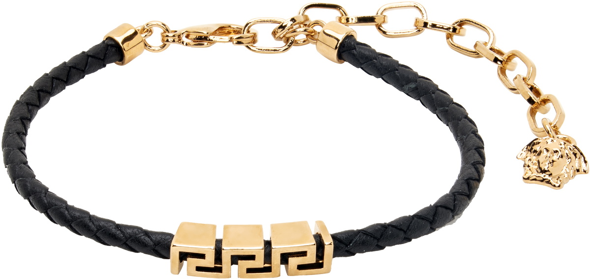 Versace Black and Gold Leather Medusa Bracelet Versace