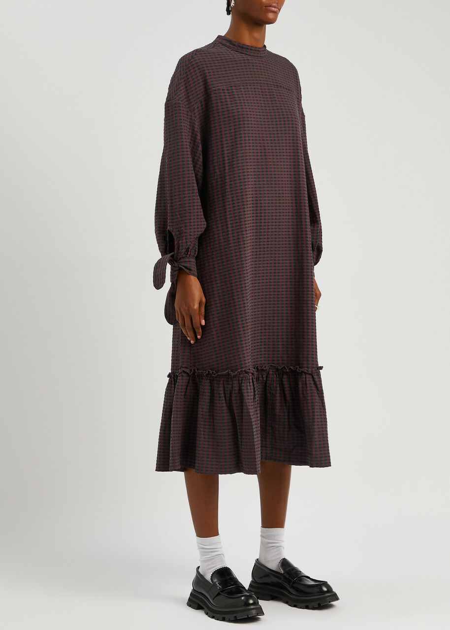 Ymc Rushmore Gingham Seersucker Midi Dress Burgundy YMC