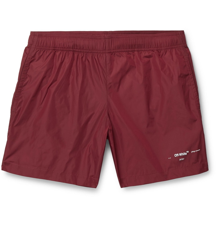 Photo: Off-White - Mid-Length Logo-Print Shell Swim Shorts - Burgundy