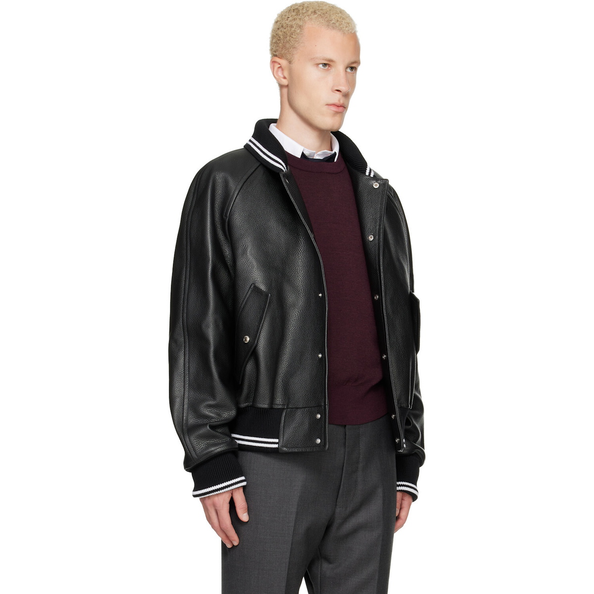 Thom Browne Black Raglan Sleeve Oversized Leather Blouson Jacket