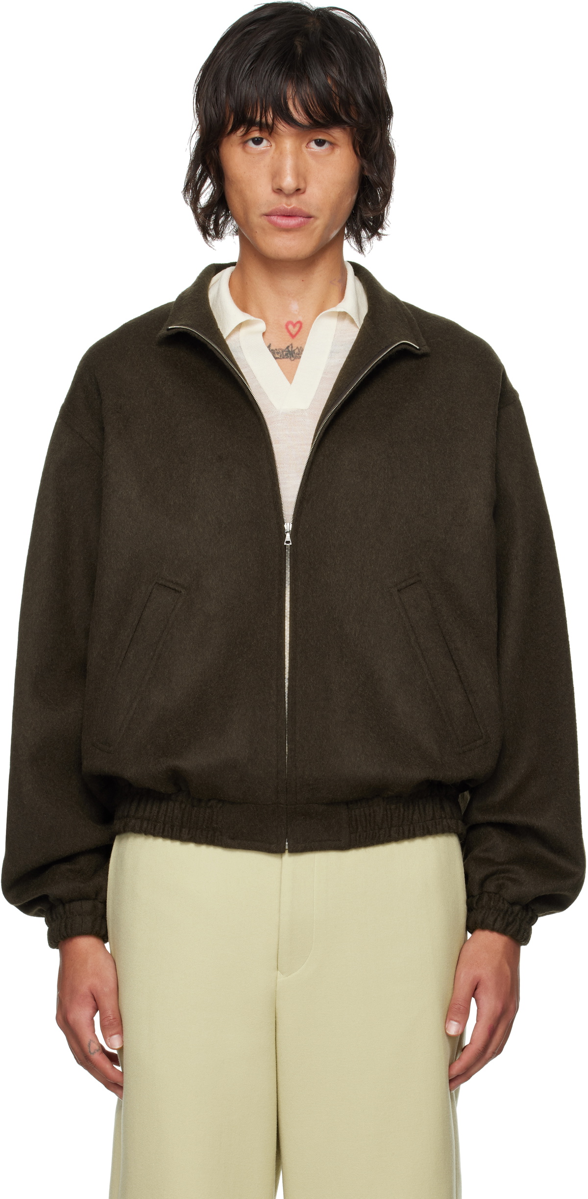 AURALEE Brown Baby Camel Flannel Bomber Jacket Auralee