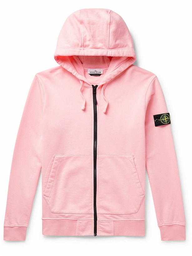 Photo: Stone Island - Garment-Dyed Logo-Appliquéd Cotton-Jersey Zip-Up Hoodie - Pink