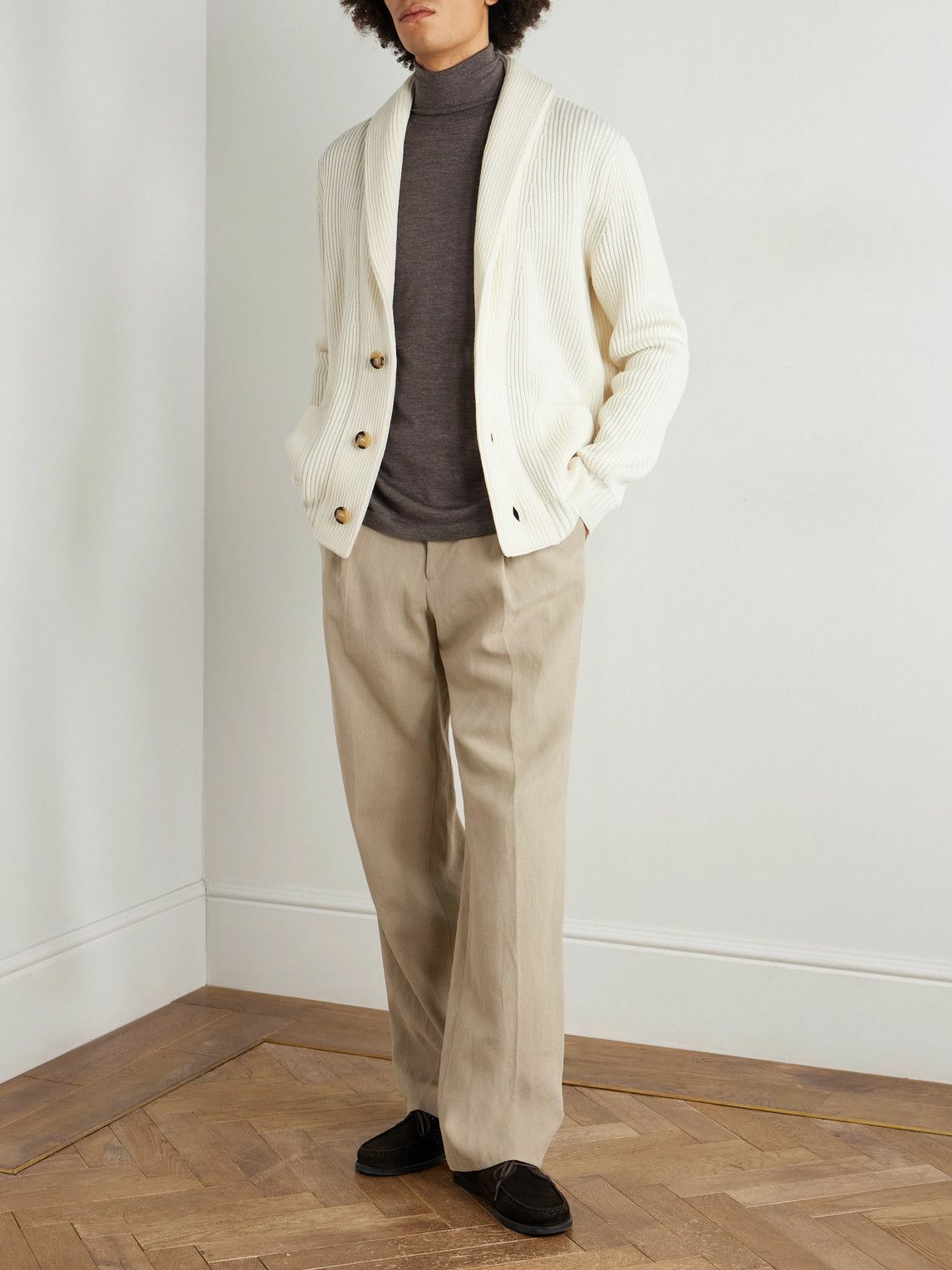 Thom Sweeney - Shawl-Collar Ribbed Wool Cardigan - White