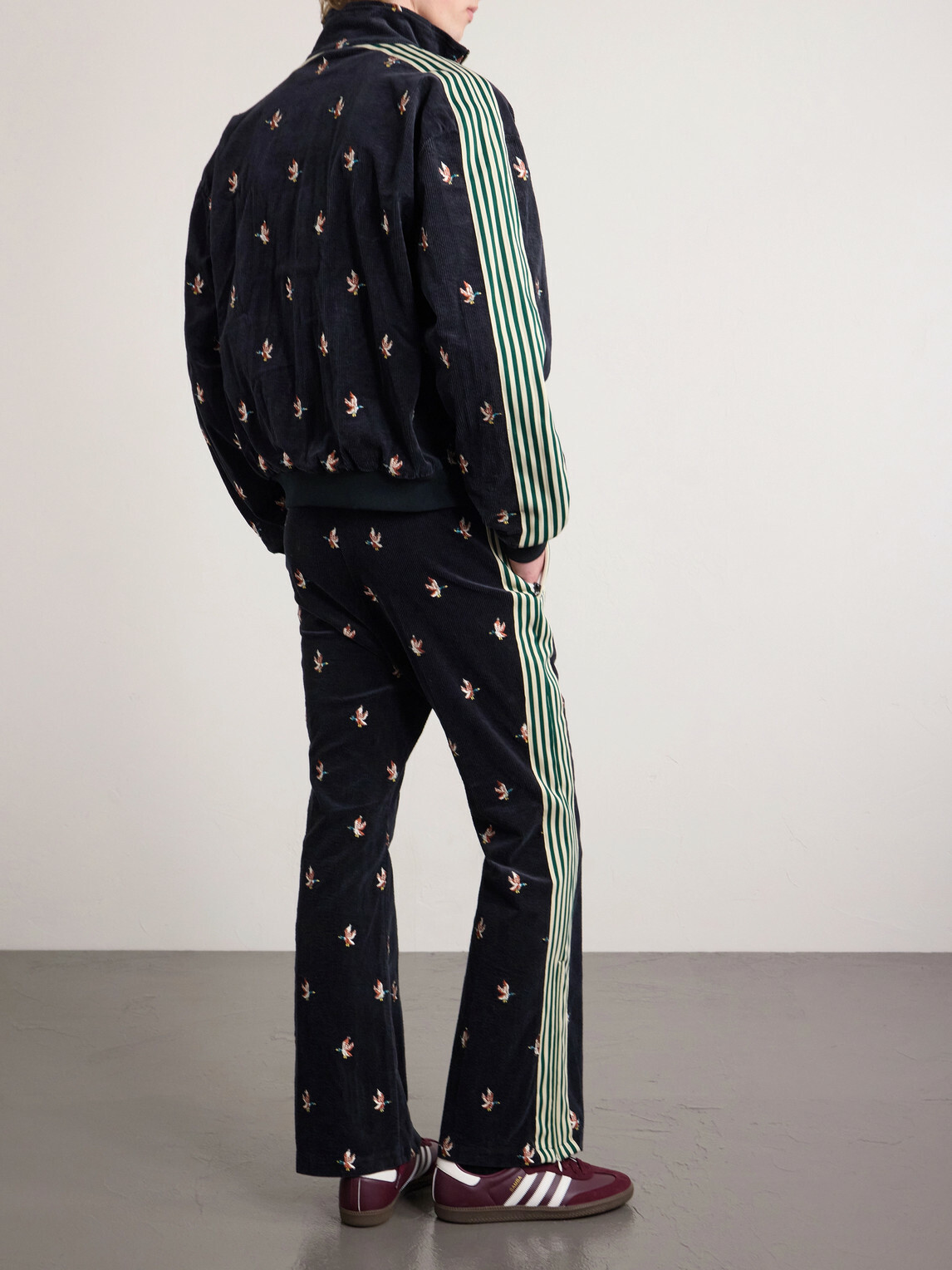 KAPITAL - Cropped Flared Webbing-Trimmed Embroidered Cotton-Blend Corduroy Sweatpants - Black