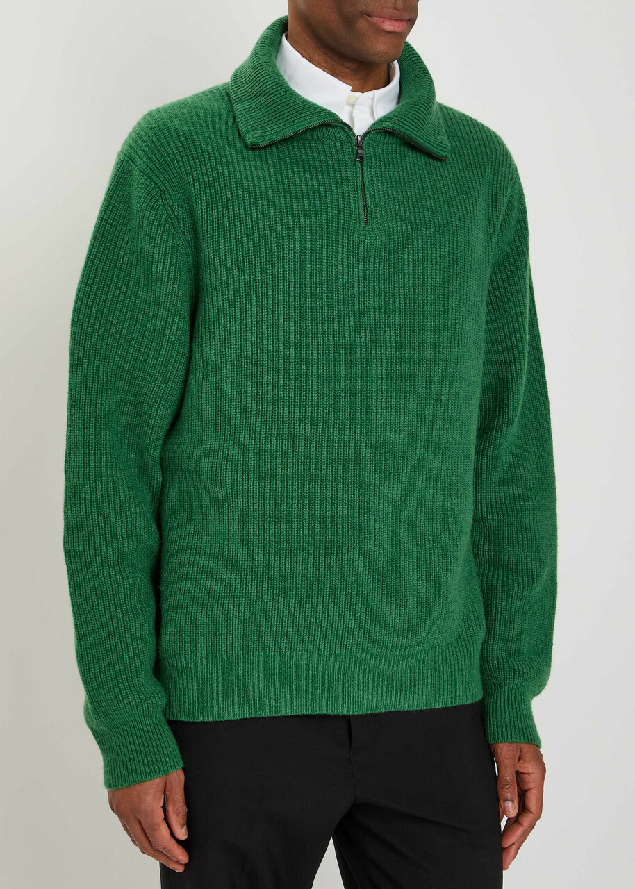 The Elder Statesman Clemente Half-zip Ribbed Cashmere Jumper Dark Green