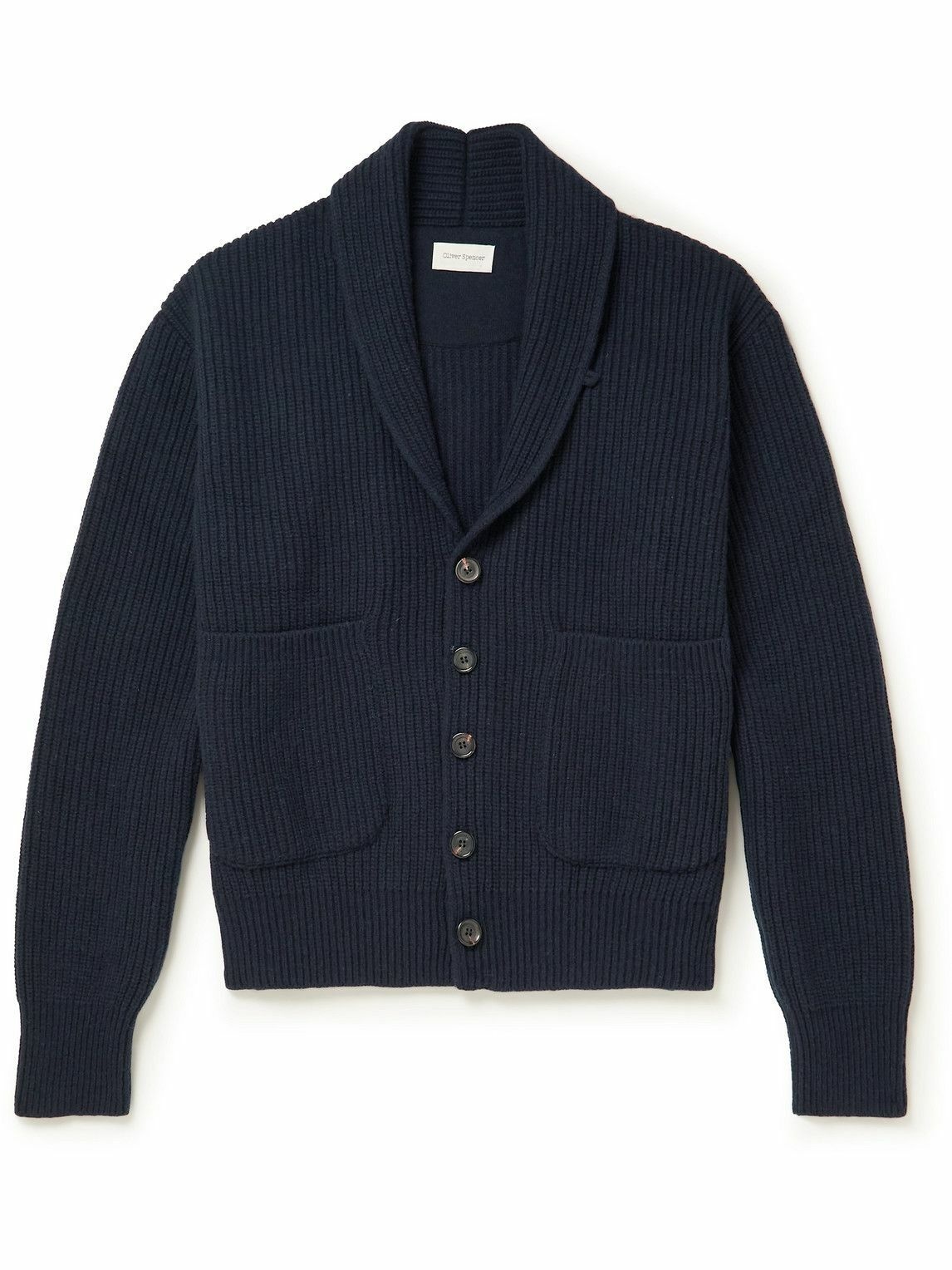 Photo: Oliver Spencer - Orkney Shawl-Collar Ribbed Wool Cardigan - Blue