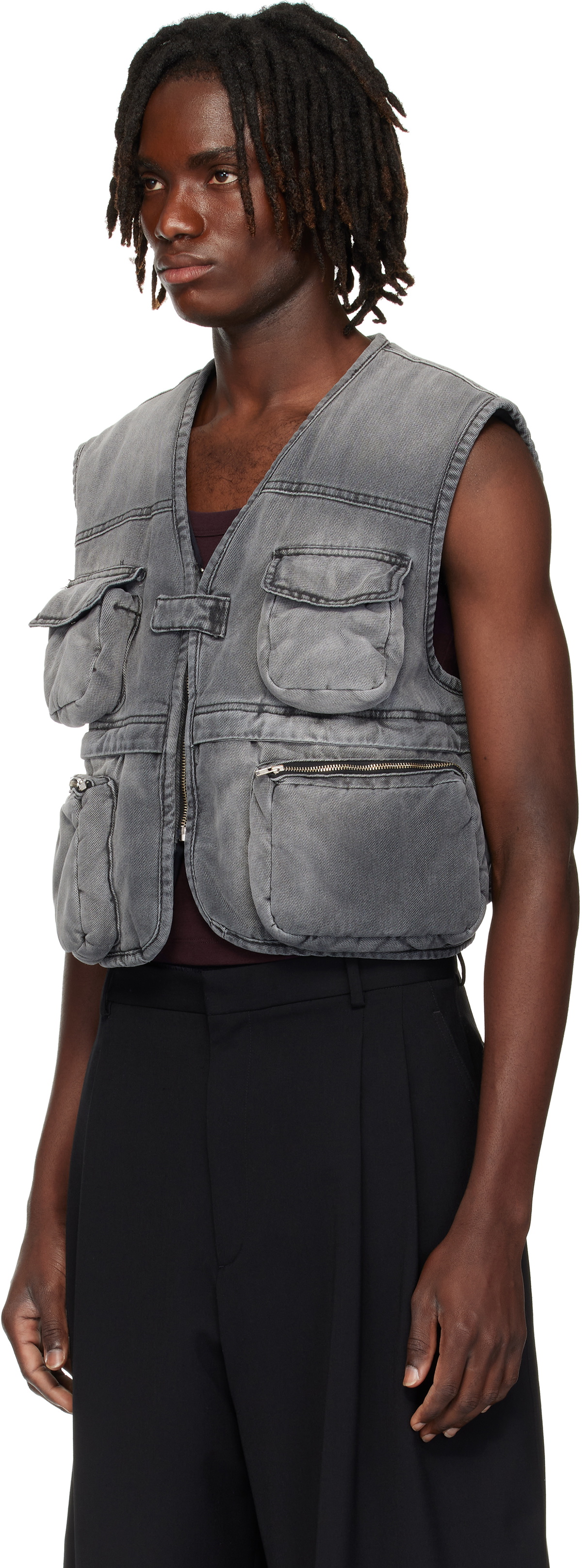 LU'U DAN Gray Wadded Denim Cargo Vest