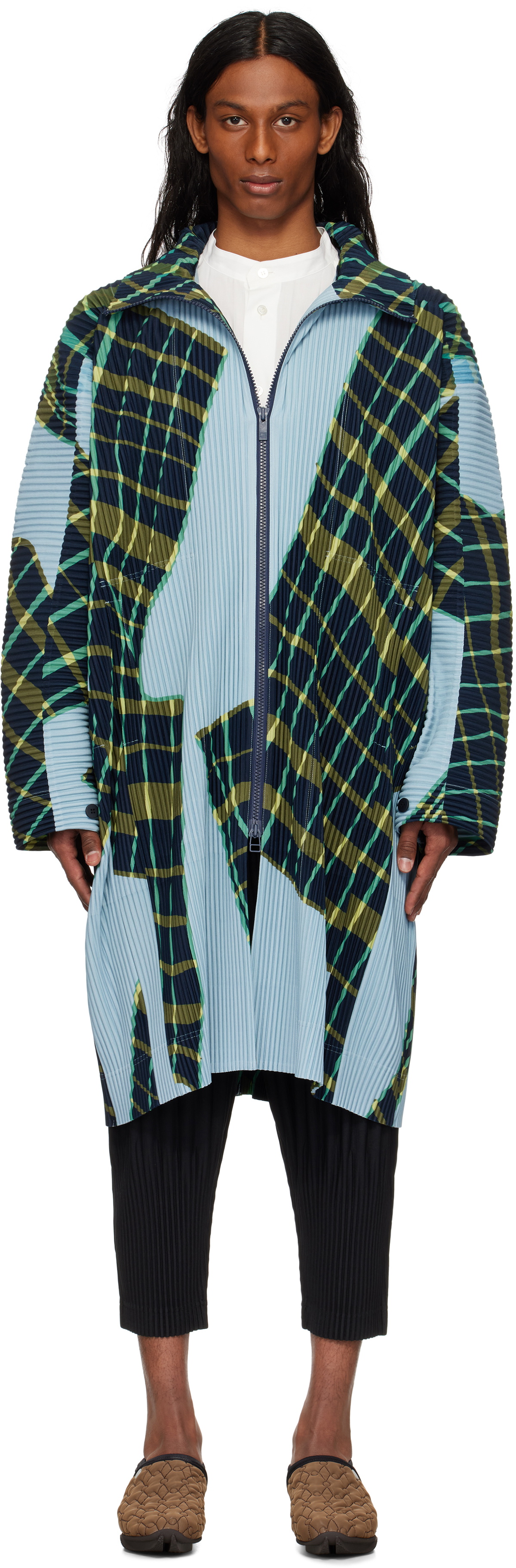 HOMME PLISSÉ ISSEY MIYAKE Blue & Green Windswept Plaid Coat Homme