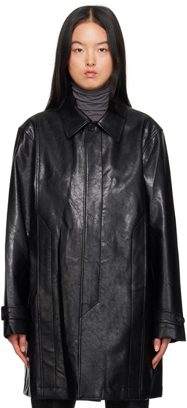 Photo: Youth Black Single-Breasted Faux-Leather Coat