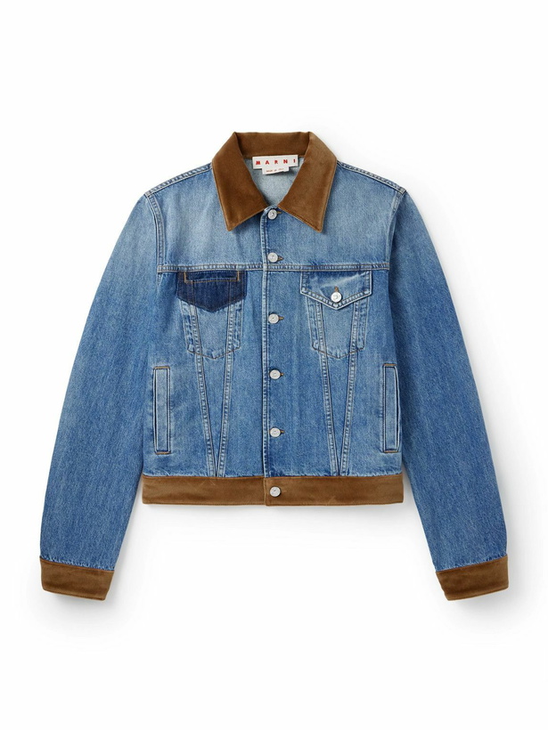 Photo: Marni - Slawn and Soldier Appliquéd Cotton Velvet-Trimmed Denim Jacket - Blue