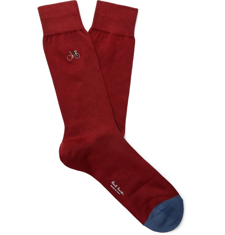 Photo: Paul Smith - Embroidered Cotton-Blend Socks - Red
