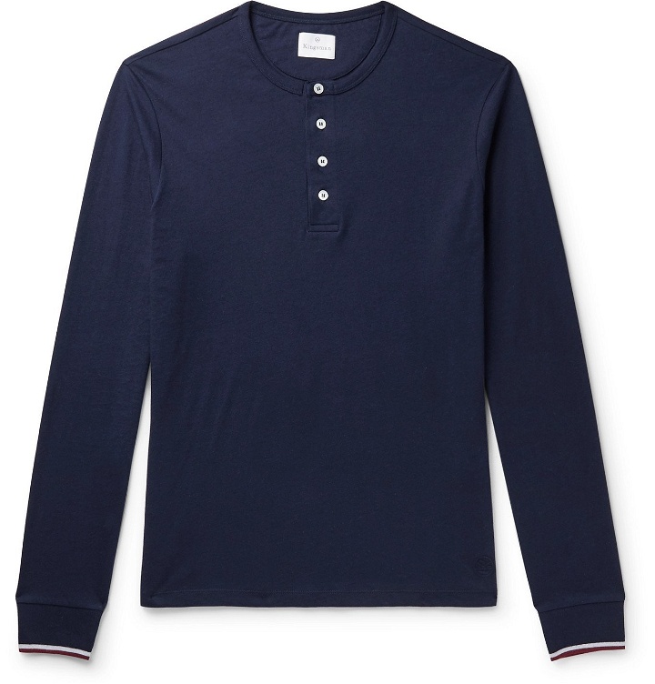 Photo: Kingsman - Contrast-Tipped Cotton and Cashmere-Blend Henley T-Shirt - Blue