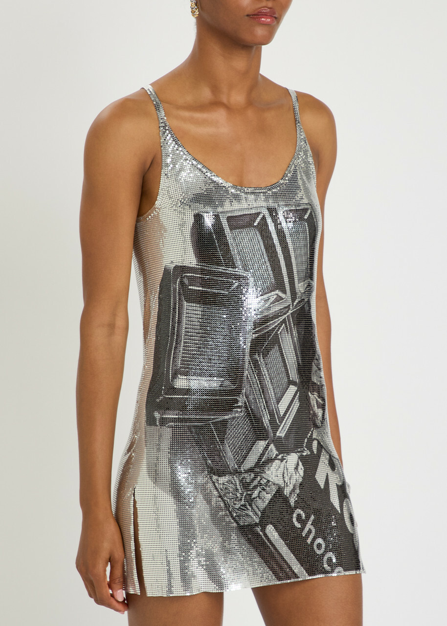 Rabanne Printed Chainmail Mini Dress White And Blue