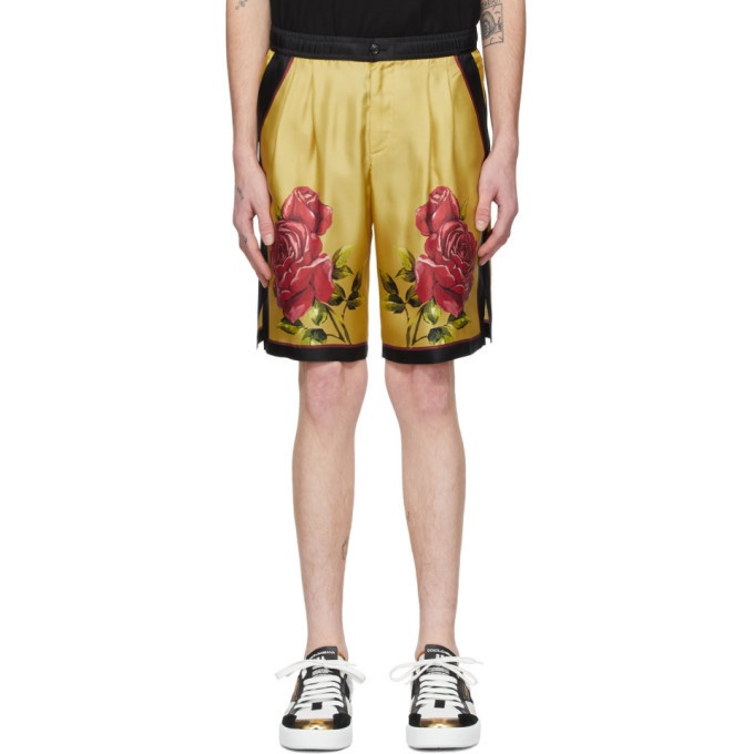 Photo: Dolce and Gabbana Yellow Silk Rose Bermuda Shorts