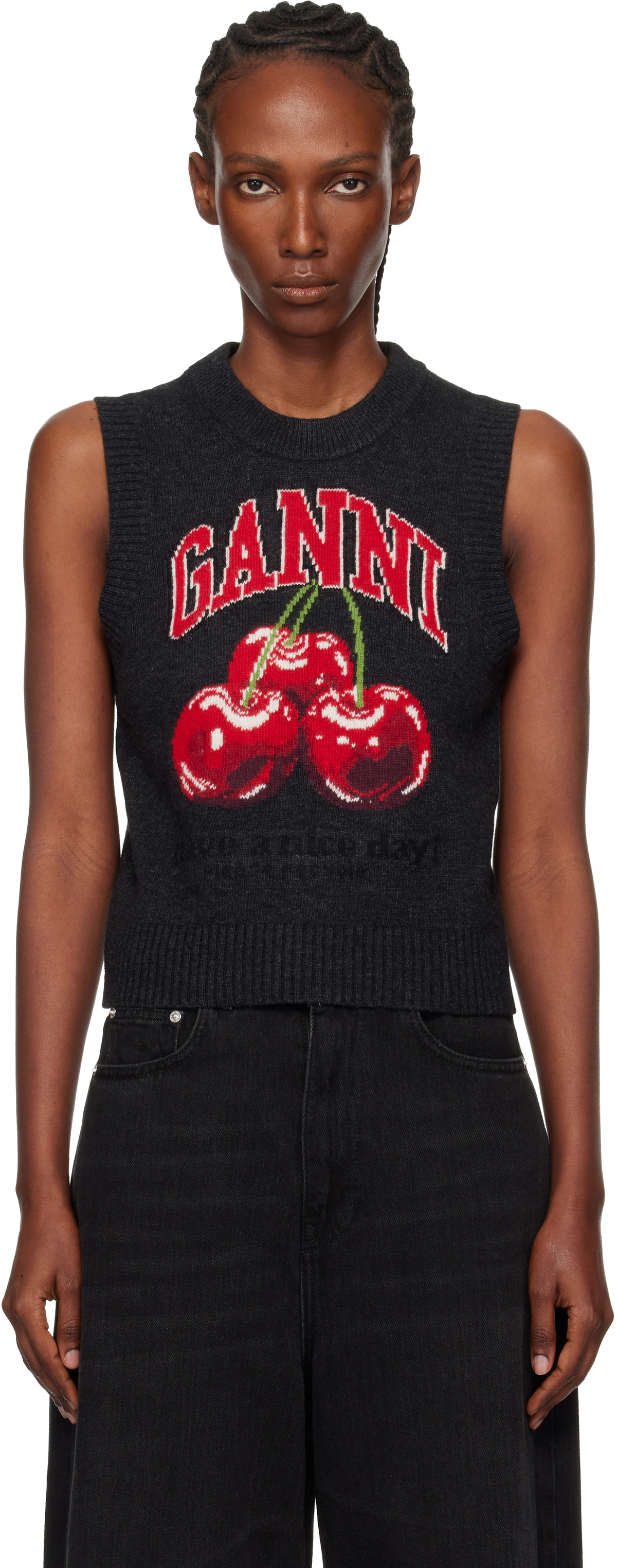 GANNI Gray Graphic Wool Sweater Vest