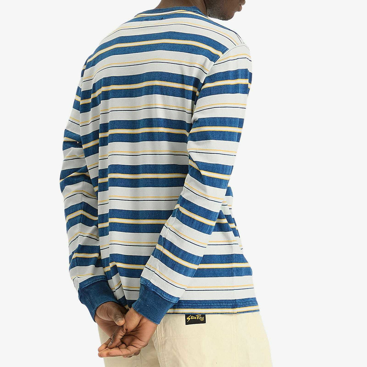 Beams Plus Men's Long Sleeve Stripe Pocket T-Shirt in One Wash