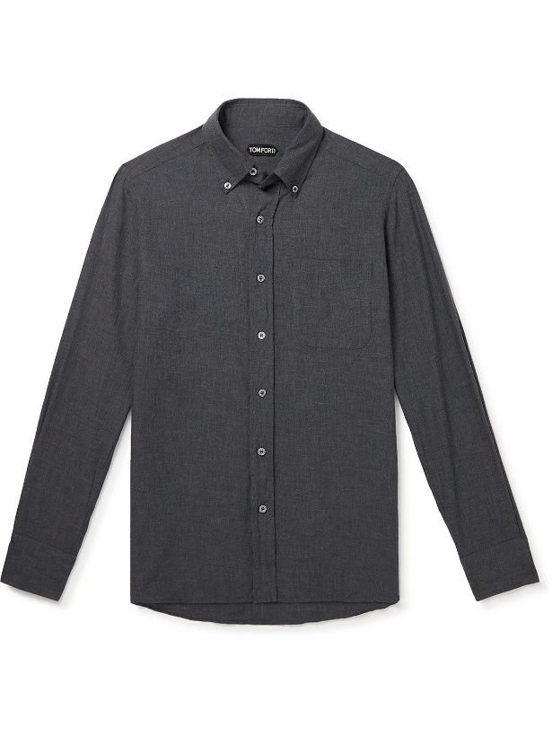 Photo: TOM FORD - Slim-Fit Button-Down Collar Cotton and Cashmere-Blend Chambray Shirt - Gray