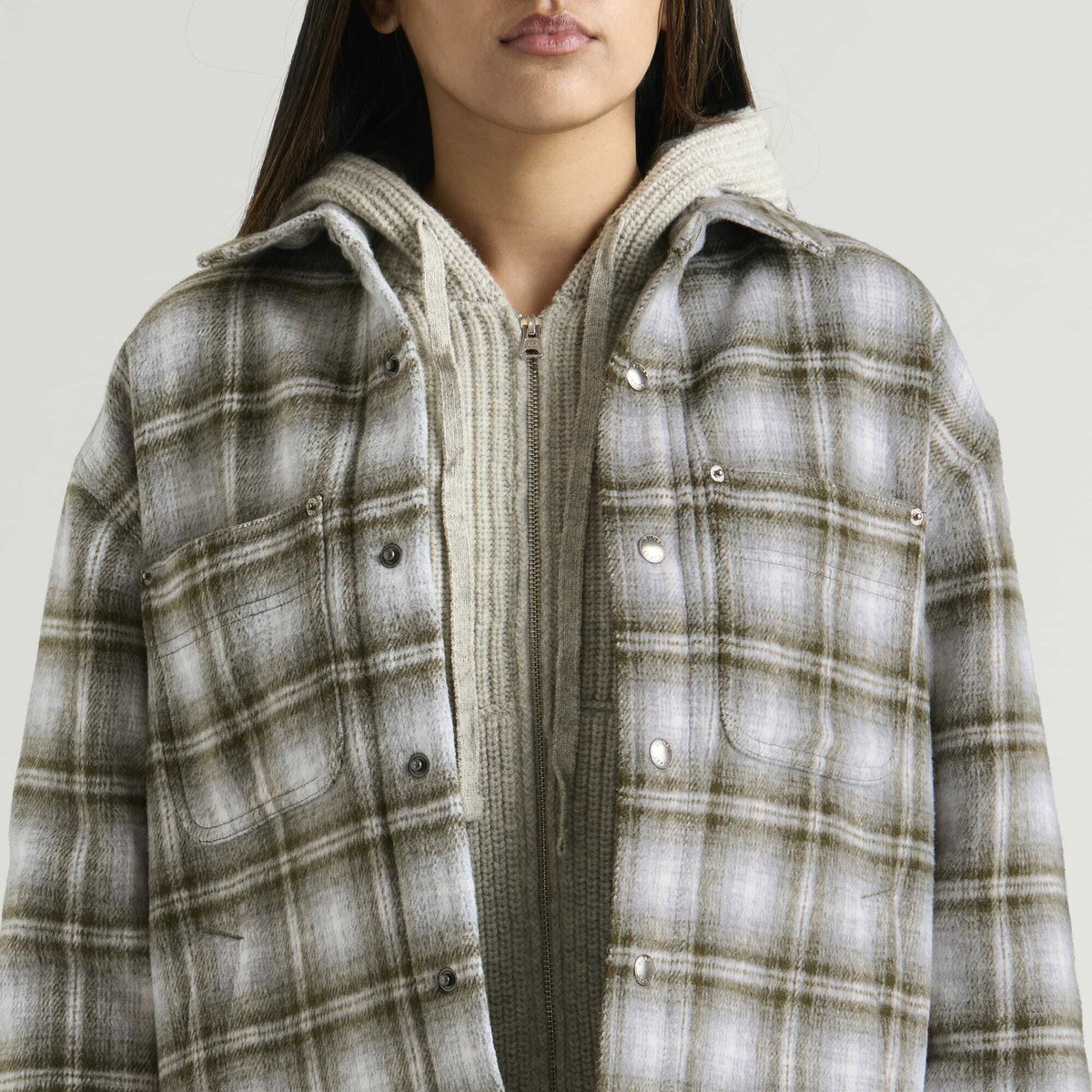 DUNST Women's Quilted Flannel Shirt in Khaki Check