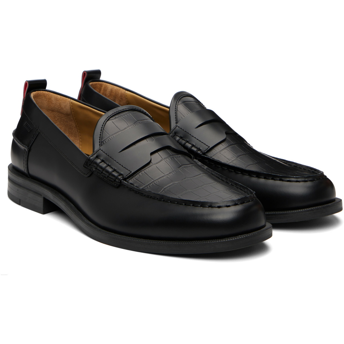 Hugo Black Leather Crocodile Vamp Loafers