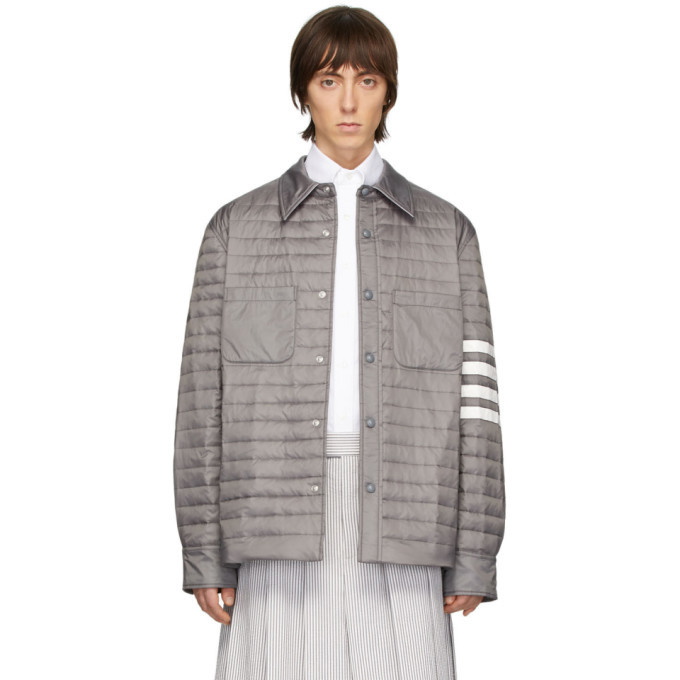 Photo: Thom Browne Grey Down 4-Bar Quilted Shirt Jacket