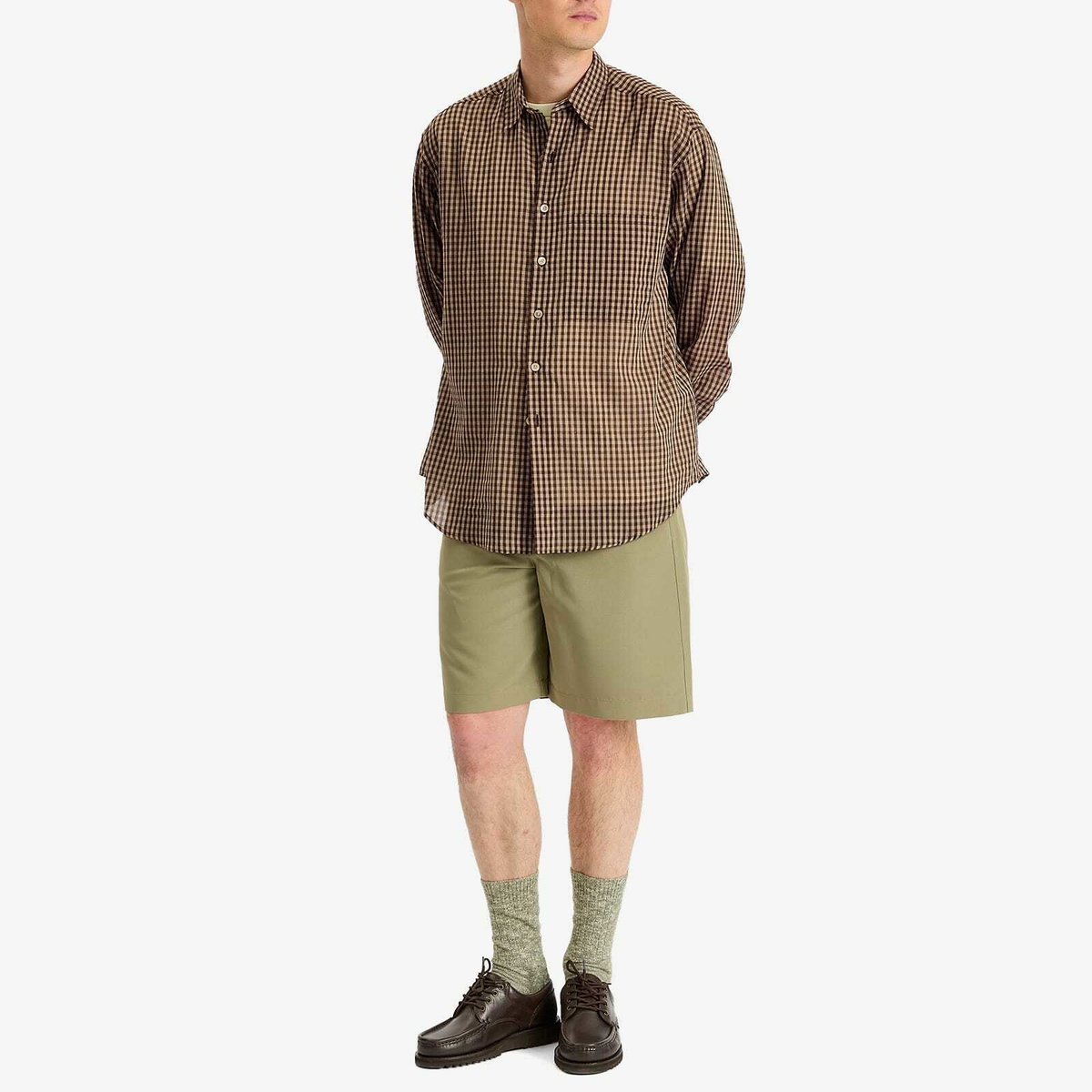 Auralee Men's Airy Light Cotton Check Big Shirt in Brown