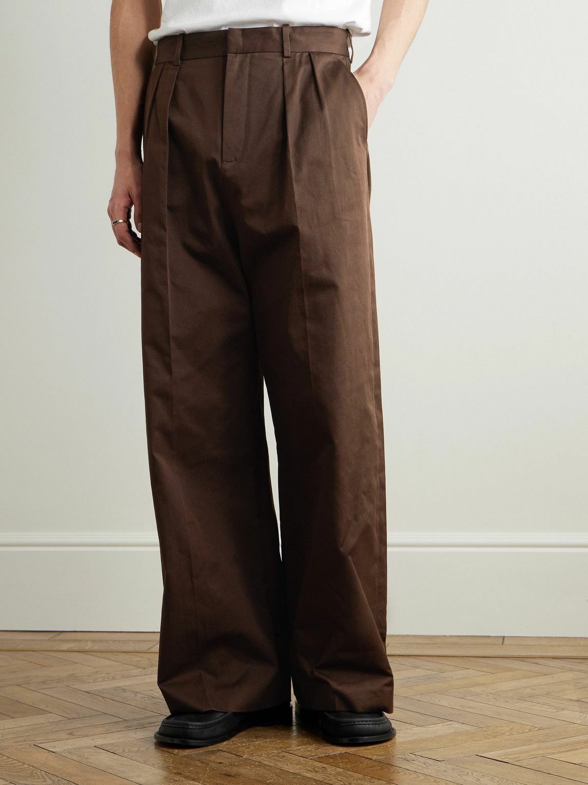 LOEWE - Straight-Leg Pleated Leather-Trimmed Cotton-Twill Trousers - Brown