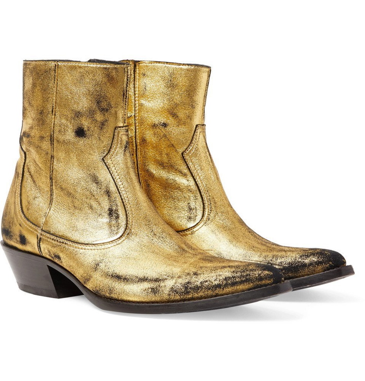 Photo: AMIRI - Distressed Metallic Suede Boots - Men - Gold