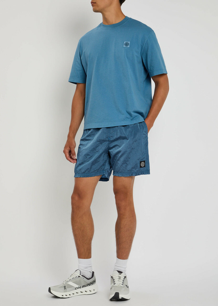 Stone Island Logo Crinkled Nylon Swim Shorts Blue
