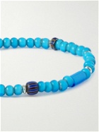 Mikia - White Hearts Silver, Puka Shell and Cord Beaded Bracelet - Blue